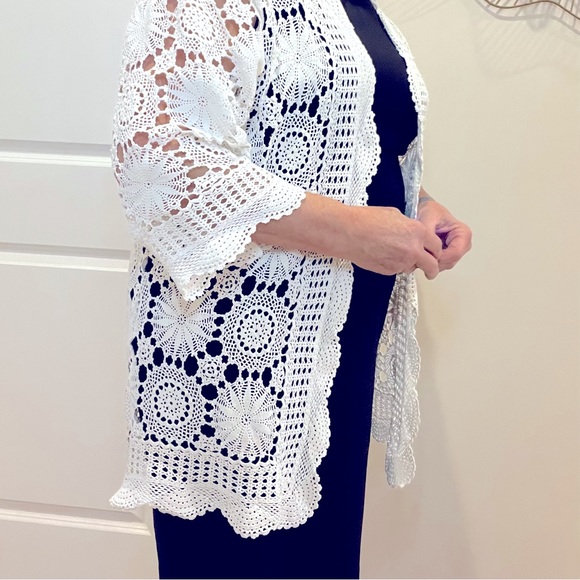 Sweaters - Ladies lace cardigan handmade from a vintage lace tablecloth. Ladies XL